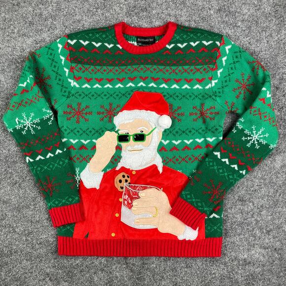 Blizzard Bay Sweater Mens Small Green Red Ugly Christmas Santa Cookie Knit Funny - Picture 1 of 8
